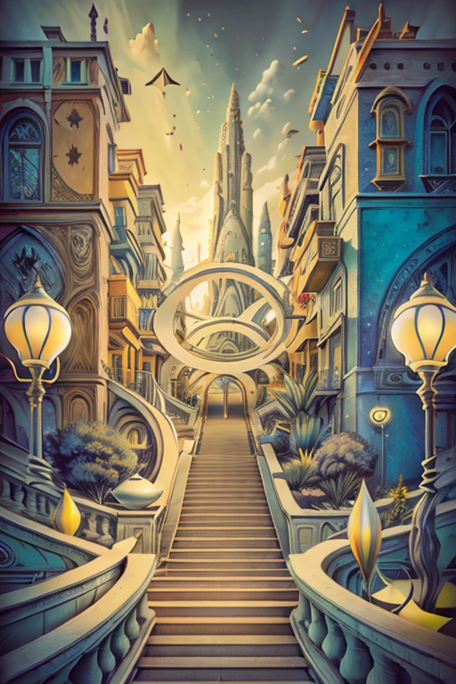  ( Surrealism ) a Surreal scene involving many stairs leading to impossible angles within another stair within another stair and within another stair, non euclidean geometry, an abstract scene ,  photorealistic, 8k, hyper detailed, dramatic lighting, vibrant colors, surreal and abstract,  