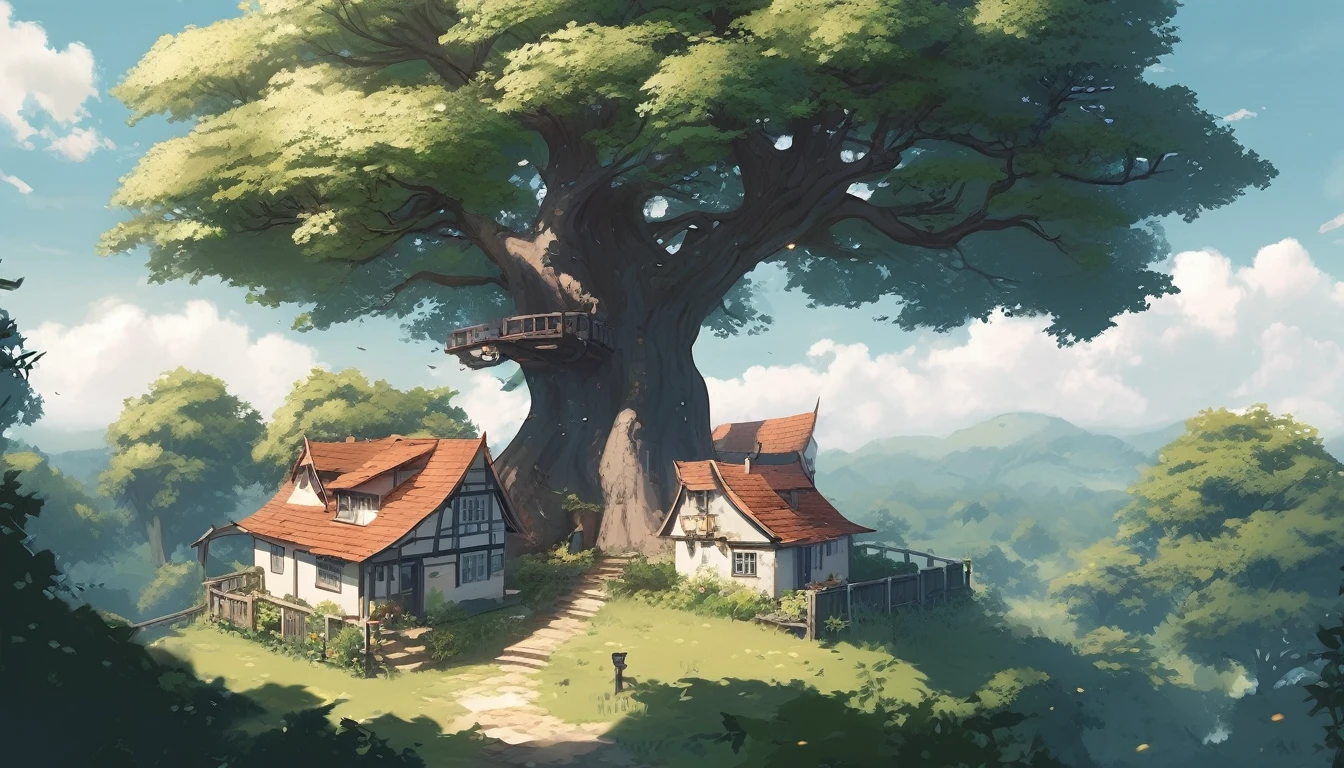 an astronomically large tree, far away view, white leaves, branches reaching far out, immense size, dwarfing other trees, [quaint villages under the shade], [small cottages], [serene ambiance] , [tiny houses], [soft sunlight], [calm setting]