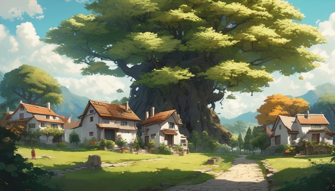 an astronomically large tree, far away view, white leaves, branches reaching far out, immense size, dwarfing other trees, [quaint villages under the shade], [small cottages], [serene ambiance] , [tiny houses], [soft sunlight], [calm setting]