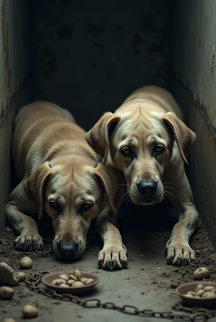 Generate an image of some dogs being mistreated and suffering a lot