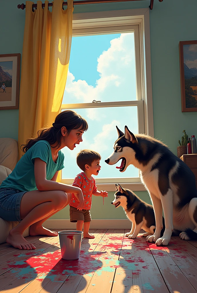 A family of three reacts after seeing their Siberian huskies jump out of a window, gone to room, I grab a pot of paint, bitten it and spread it all over the room,
