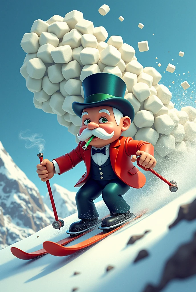 monsieur monoply avec des lunettes noir et un joint a la bouche qui descend une montagne en ski avec derriere lui une avalanche qui tombe de la montagne avec ecrit dessus sur l'avalanche COCO POLY en blanc sur l'avalanche deriere monsieur monopoly en 3d en cartoon