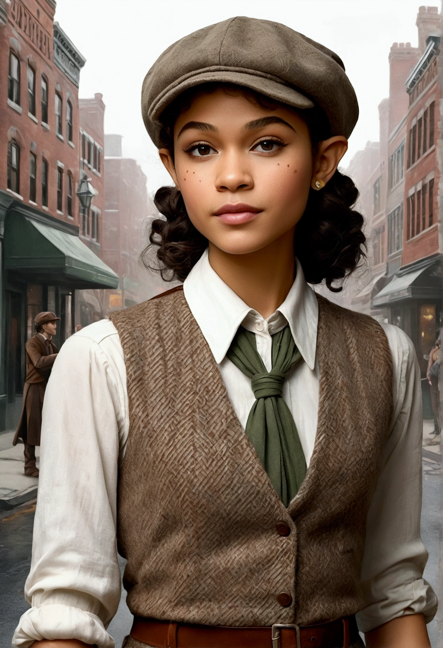 An illustrated movie poster, hand-drawn, full color, a teenage elven girl, wearing a tweed vest and a newsie cap, athletic hourglass figure, long pointy elf ears, dark hair, curly bob cut, warm almond skintone, freckles, resembles Zendaya, standing on a foggy victorian-era street corner, graphite shading, stencil marks, airbrushed acrylic paint, masterpiece, in the style of the Sherlock Holmes, elf ears