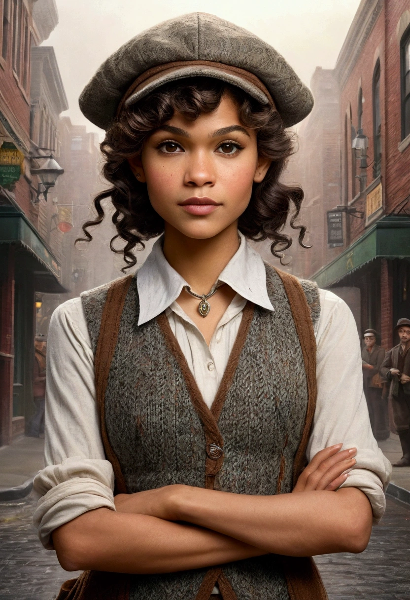 An illustrated movie poster, hand-drawn, full color, an elven maiden, wearing a tweed vest and a newsie cap, athletic hourglass figure, long pointy elf ears, dark hair, curly bob cut, warm almond skintone, freckles, resembles Zendaya, standing on a foggy victorian-era street corner, graphite shading, stencil marks, airbrushed acrylic paint, masterpiece, elf ears