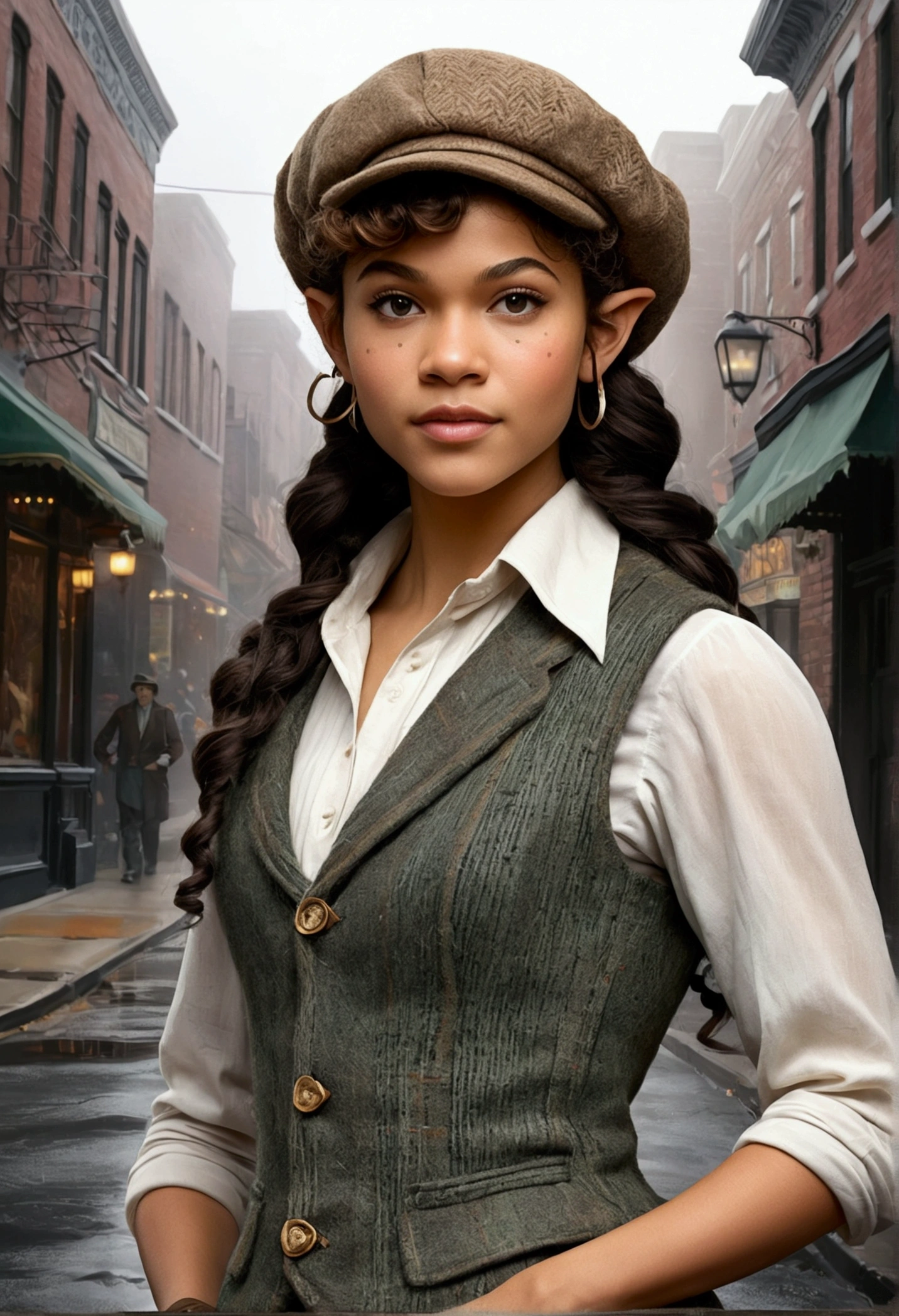 An illustrated movie poster, hand-drawn, full color, an elven maiden, wearing a tweed vest and a newsie cap, athletic hourglass figure, long pointy elf ears, dark hair, curly bob cut, warm almond skintone, freckles, resembles Zendaya, standing on a foggy victorian-era street corner, graphite shading, stencil marks, airbrushed acrylic paint, masterpiece, elf ears