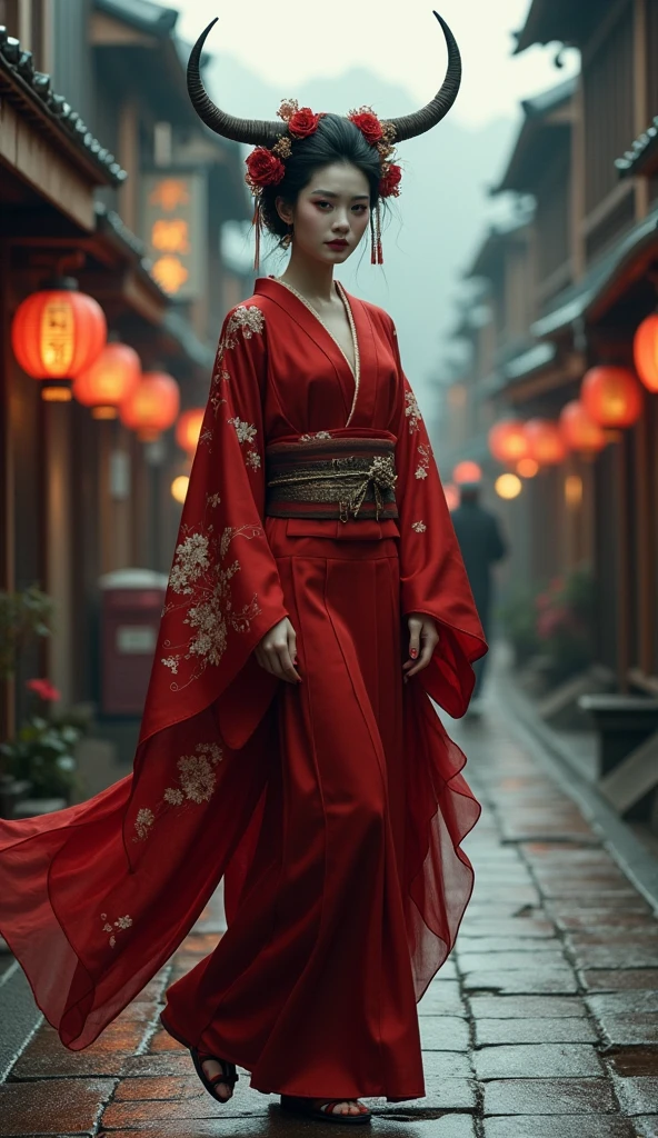 "A hauntingly beautiful female oni, dressed in a flowing, luxurious red kimono, reminiscent of a traditional oiran. Her hair is elegantly styled in a traditional updo, adorned with intricate, ornate hairpieces that shimmer in the dim light. Her face is a mesmerizing blend of beauty and terror, with features so captivating that they draw in those who gaze upon her, despite the underlying sense of danger. She walks through the streets of Edo, wearing tall, lacquered geta, her presence commanding and ethereal. The atmosphere is steeped in dark elegance, with the ancient town bathed in the soft glow of lanterns, shadows dancing around her as she moves with an air of otherworldly grace. Hyper-detailed, cinematic lighting, dark fantasy, ethereal, 8K resolution."