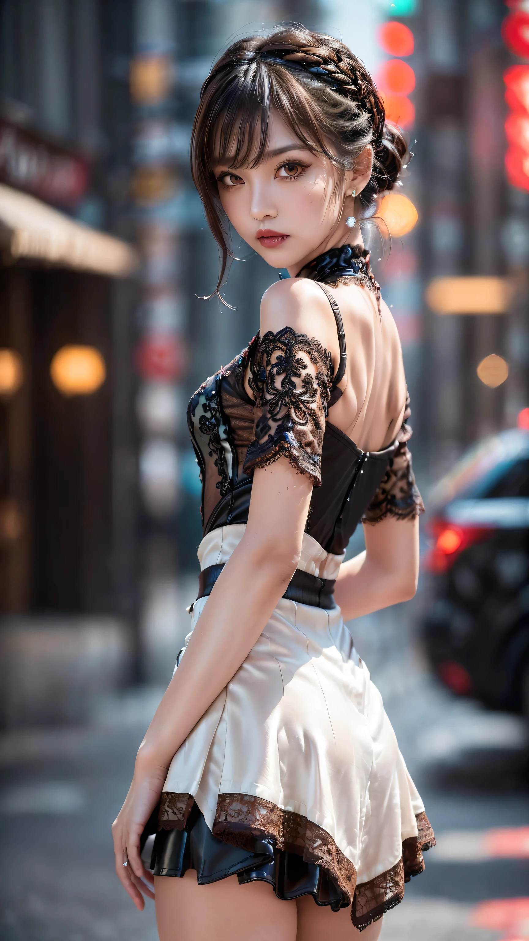 Realistic (photorealistic Realism,highres,masterpiece:1.2), dress a beautiful girl with a perfect figure in something nice, made of available materials ((silk), (canvas, nylon), (latex laced), ((lacy)), leather, ((jewelry)), (embroider), ((clear sharp focus, not blurry, Realistic brown_eyes)), Realistic skin texture, Ultra detailed, Lustrous hair and skin, (I encourage you to choose the right background for your phenomenally drawn creation), ((experiment, combine complex, multi-layered materials)), Attention to detail, Double eyelids, Wear an off-shoulder top, full bodyesbian, and if you want, you are standing, (back shot), lacy, lacing, High Contrast, muted colors, long legs, medium ass, ((Fantasy style)), (layer cut: 1.42), ((Brightly colored clothing)), ((no_Panties)), ((Exposing thighs)), (Erotic:1.6), ((black silken skirt, (tinyskirt:1.37), no_panties, curvy)), (Look sideways, look up, look down, random expressions), (rich including decorative embroidery:1.21), (red epic lace:1.22), (sharp focus), ((very intricate design of epic bodysuits:1.22)), ((city night), (neon sign), (night),