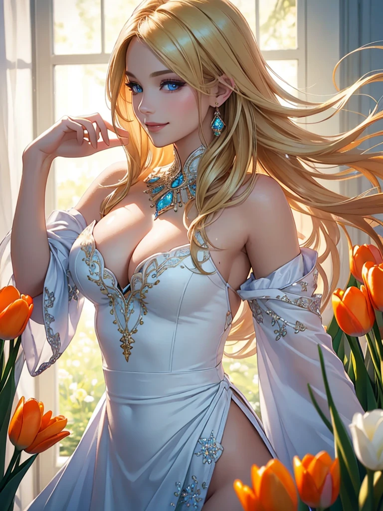 (Best quality,ultra detailed,photorealistic:1.37),Bright and rich colors,studio lighting,playful facial expression,stylish makeup,Long blonde hair fluttering in the wind,inviting eyes,glossy lips,sexy pose, Tulips, I smile confidently and seductively,posing for a professional photo shoot,shallow depth of field,highlighting the main subject,soft natural light,Creating a dreamy and magical atmosphere.