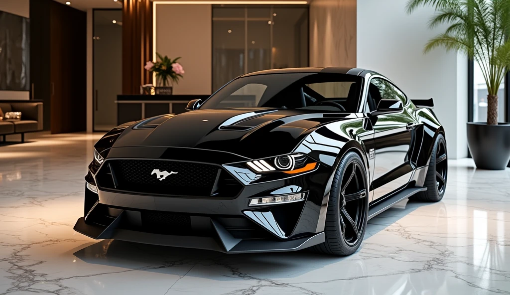 A luxurious and modern view of the New 2025 Ford Mustang in a sleek black color, parked in an upscale showroom. The Mustang’s design features narrow, sharp LED headlights that add a bold and futuristic look, enhancing the car’s aggressive front profile. The iconic Ford Mustang logo sits proudly on the front grille, representing power and legacy. The vehicle’s glossy black finish shines under refined showroom lighting, highlighting its dynamic lines and aerodynamic shape. The luxurious rims complement the modern design, adding a touch of elegance and performance. The showroom is adorned with polished marble floors, expansive glass walls, and sophisticated decor, perfectly framing the Mustang's sleek and powerful presence.