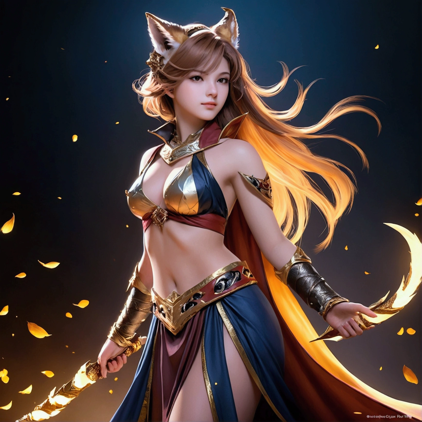 Best quality, 8K, HDR, soft lighting, picture perfect, realistic, vibrant, fox girl with brown hair, kitsune, beautiful female kitsune, digital illustration, beautiful illustration, beautiful digital artwork, exquisite digital illustration, realistic digital art, realistic style digital art, ultra high quality fantasy art, final fantasy, masterpiece, ultra high quality female character design, wallpaper illustrations of the highest quality, complex ultra high quality accurate faces of female characters, high quality design and accurate physics, ultra high quality fantasy style, masterpieces, super high quality characters, resolution - 8K, realistic art, highest quality wallpaper illustration, ultra-high facial detail, quality design and physics accuracy, by color, depth of field, shadows, ray tracing, high quality and 8K resolution computer wallpaper production, accurate simulation of the of light and materials, Highly detailed hair, More about beautiful and shiny brown hair, Beautifully detailed hands perfect fingers, Beautiful nails, perfect anatomy, perfect proportions, Full-length, Perfect color combination, Accurate imitation of the interactionnd material, art that conveys the meaning of the story, full body picture.