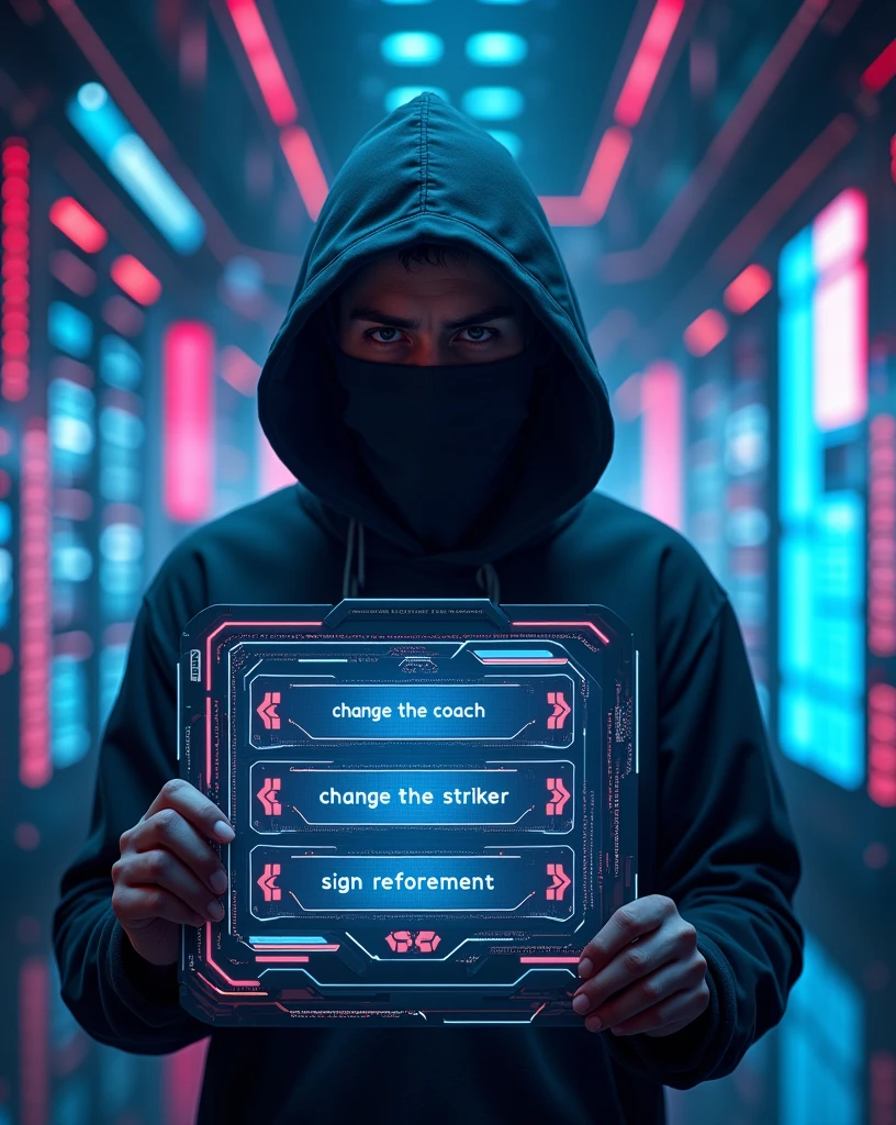 A cyberpunk scene featuring a hacker wearing a hood and a fabric mask covering his mouth and nose, viewed from a front-facing angle behind a translucent panel. The hacker stands in a high-tech AI control room, intently observing a digital poll or survey displayed on the panel. The panel glows with neon light and shows three alternatives in bold, digital font: 'CHANGE THE COACH,' 'CHANGE THE STRIKER,' and 'SIGN REINFORCEMENT'. The translucent panel is adorned with sleek, glowing data streams and interactive elements. The background is filled with towering servers, holographic interfaces, and flowing data streams, all illuminated by vibrant neon colors. The hacker’s face is partially shadowed, with intense eyes visible through the mask, seen from behind the panel, blending with the futuristic and mysterious atmosphere of the AI-driven environment 