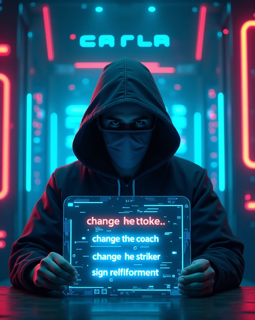 A cyberpunk scene featuring a hacker wearing a hood and a fabric mask covering his mouth and nose, viewed from a front-facing angle behind a translucent panel. The hacker stands in a high-tech AI control room, intently observing a digital poll or survey displayed on the panel. The panel glows with neon light and shows three alternatives in bold, digital font: 'CHANGE THE COACH,' 'CHANGE THE STRIKER,' and 'SIGN REINFORCEMENT'. The translucent panel is adorned with sleek, glowing data streams and interactive elements. The background is filled with towering servers, holographic interfaces, and flowing data streams, all illuminated by vibrant neon colors. The hacker’s face is partially shadowed, with intense eyes visible through the mask, seen from behind the panel, blending with the futuristic and mysterious atmosphere of the AI-driven environment