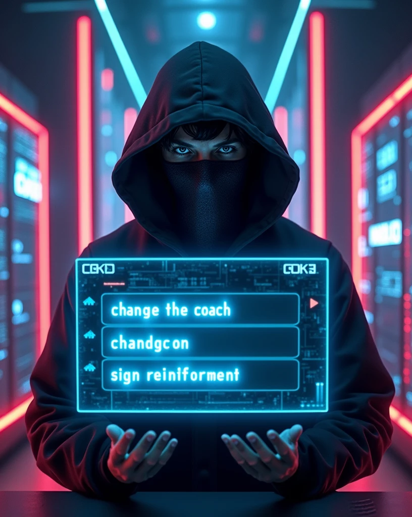 A cyberpunk scene featuring a hacker wearing a hood and a fabric mask covering his mouth and nose, viewed from a front-facing angle behind a translucent panel. The hacker stands in a high-tech AI control room, intently observing a digital poll or survey displayed on the panel. The panel glows with neon light and shows three alternatives in bold, digital font: 'CHANGE THE COACH,' 'CHANGE THE STRIKER,' and 'SIGN REINFORCEMENT'. The translucent panel is adorned with sleek, glowing data streams and interactive elements. The background is filled with towering servers, holographic interfaces, and flowing data streams, all illuminated by vibrant neon colors. The hacker’s face is partially shadowed, with intense eyes visible through the mask, seen from behind the panel, blending with the futuristic and mysterious atmosphere of the AI-driven environment 