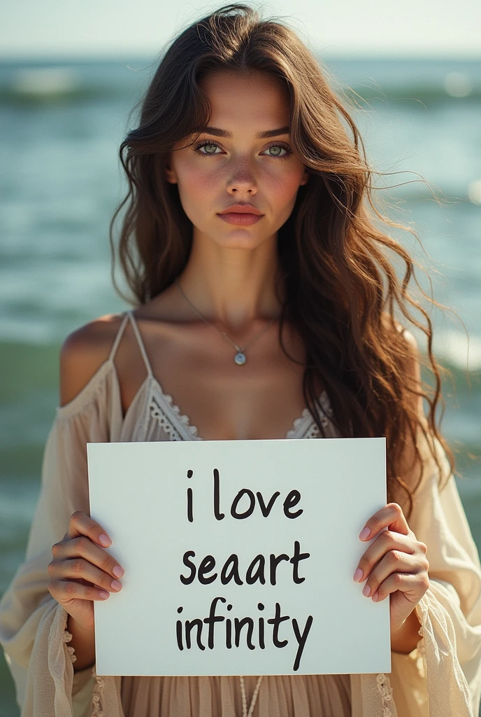 Beautiful girl with wavy long hair, bohemian dress, holding a white board with text "I Love Seaart Infinity" and showing it to the viewer