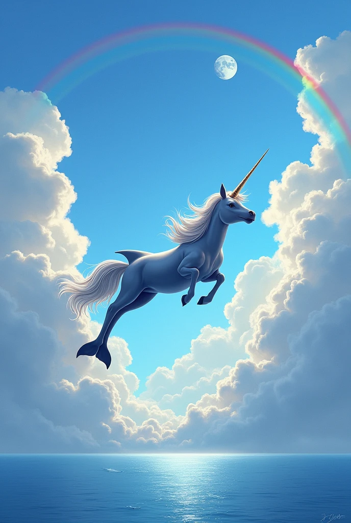 A fantasy image of a dolphin in the air next to a unicorn among the clouds with a blue sky full of clouds, over the sea with a rainbow in the background and the moon peeking out