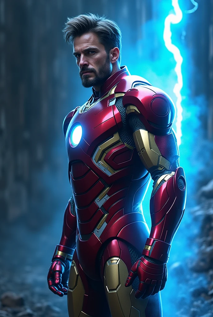 (photorealism:1.2), iron man standing with a blazing blue light behind him