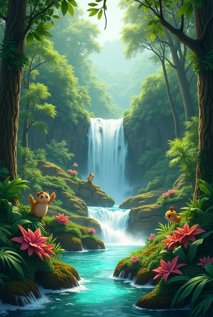 Amazon rainforest rivers waterfalls flowers drawing pixar style