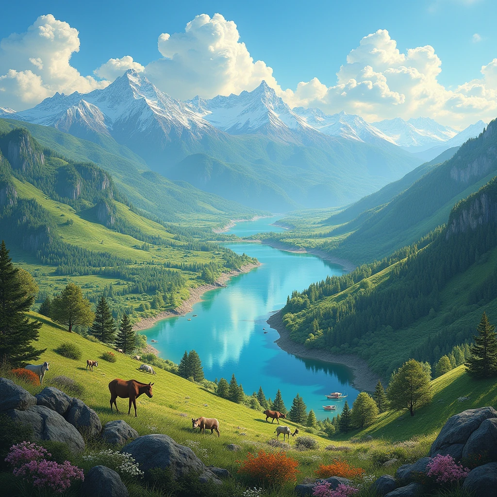 a highly detailed photorealistic painting of an environment over 50 years, beautiful detailed lush scenery, rolling hills, forests, mountains, vibrant colors, dynamic lighting, breathtaking vistas, pristine nature, clean air, crystal clear water, abundant wildlife, sustainable architecture, renewable energy, minimal human impact, tranquil and serene atmosphere, sense of wonder and hope for the future