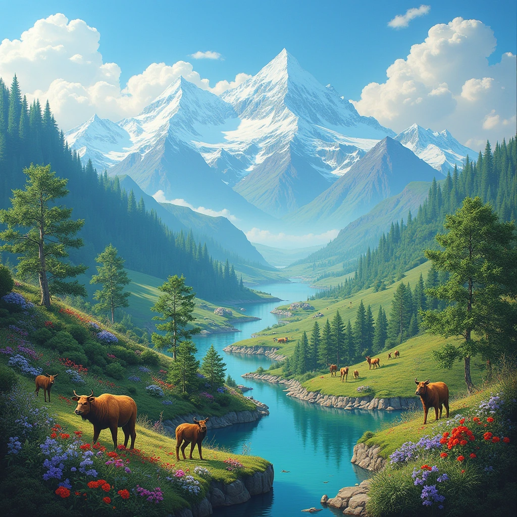 a highly detailed photorealistic painting of an environment over 50 years, beautiful detailed lush scenery, rolling hills, forests, mountains, vibrant colors, dynamic lighting, breathtaking vistas, pristine nature, clean air, crystal clear water, abundant wildlife, sustainable architecture, renewable energy, minimal human impact, tranquil and serene atmosphere, sense of wonder and hope for the future