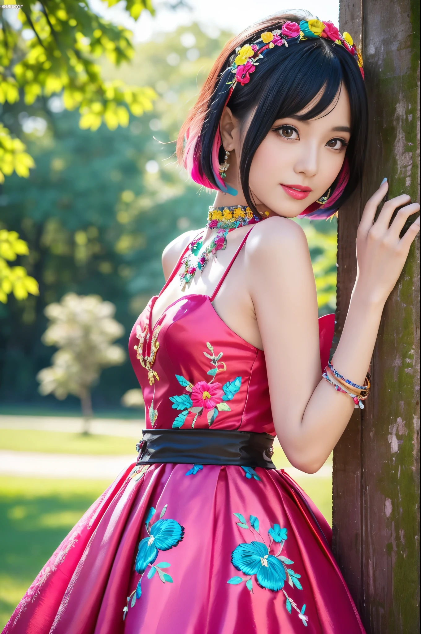 (masterpiece:1.4), (best quality:1.4), ultra high res, ultra high resolution, ((detailed facial features)), HDR, (realistic, photorealistic, photo-realistic:1.37), full body Esbian, sexy swedish model, (-anime), only 1 model, vivid colors, ((vivid colors colorful (pink, lime, light blue) very short hair)), sexy smile, lipgloss, long lashes, defined eyebrows, wearing large sparkling colorful jewelery, wearing a red silk Paradise Kiss cosplay dress with black floral embroidery, ((vivid colors outfit)), vivid colors, look at the camera, cinematic light, large park background with trees, sweet and sexy pose