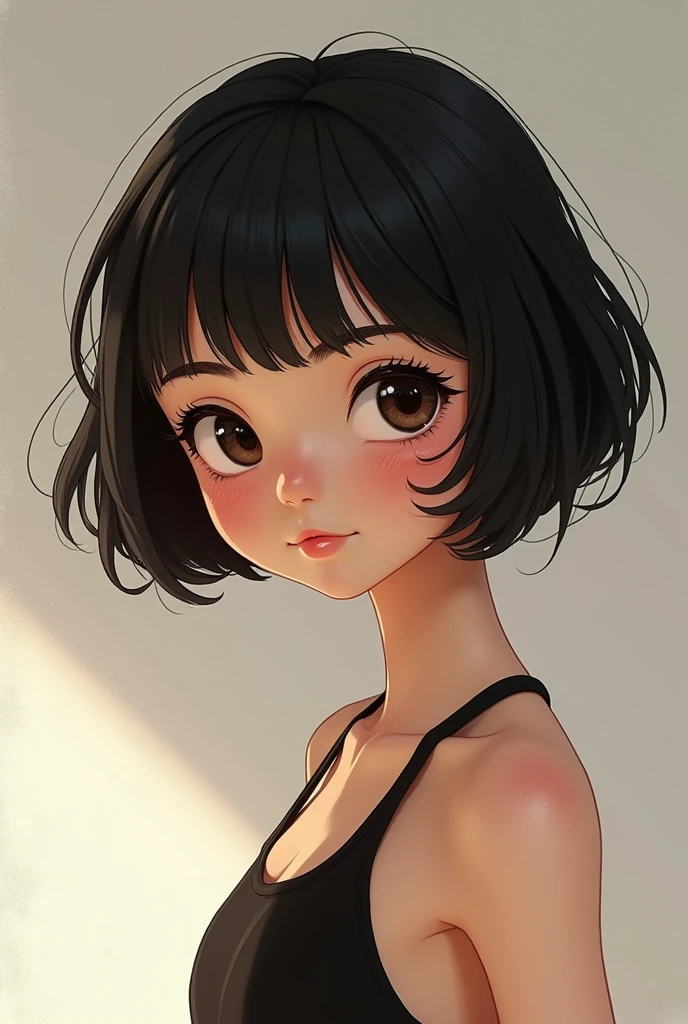 ager with Chanel haircut, slim, curtain, freckles near eye animation