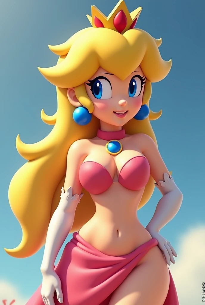 Create Peach from Mario Bros naked with huge breasts. no bra and no panties 
