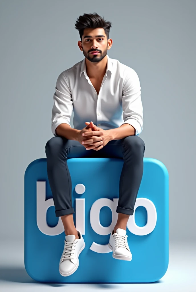 A handsome boy with a stubble of hair is sitting on the Bigo application logo., casually on top of the logo, the character must wear a white shirt named wawan fhgh, and the background is using the bigo application profile named wawan fhgh, and the profile picture must be 3D