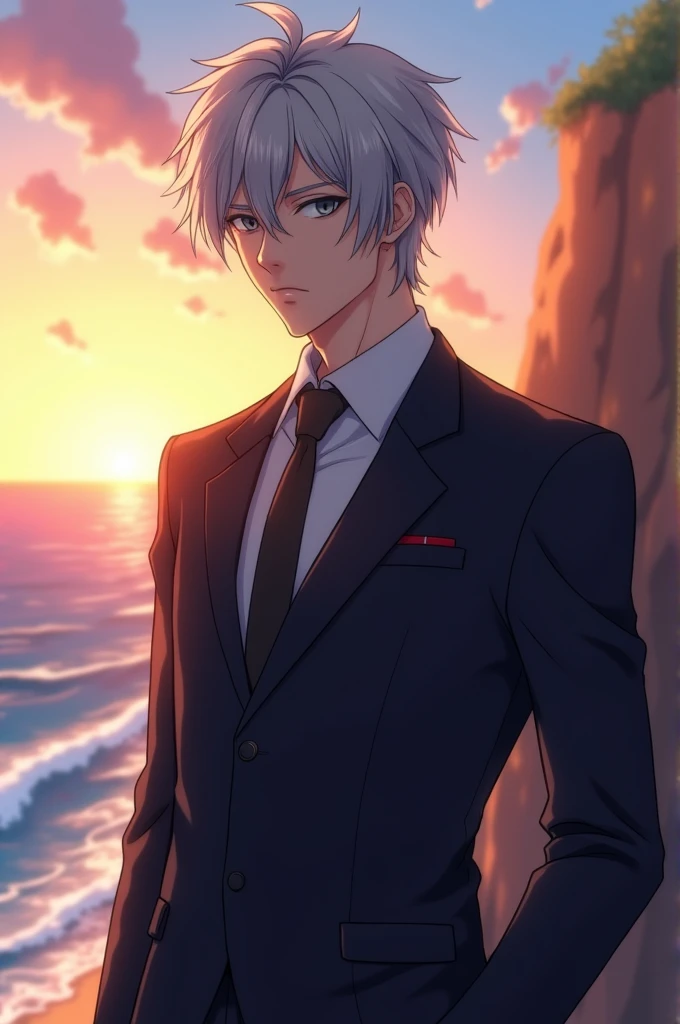 Well look, I just want a very very realistic anime character with a suit that can be seen from the waist up, The background should be standing in front of a cliff and the sea in the background while it is sunset, Its characteristics are, dull silver hair color, His eyes are a very dull crystal blue and his gaze is serious., your hair should not be so long, I want part of my hair combed back, that he looks serious and that he is mature, about 2, physically strong, imposing, sensual