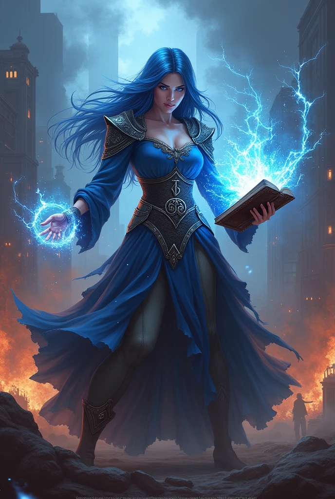 Woman with long blue hair,at war welding magic from his book ,RPG style,with evil laughter