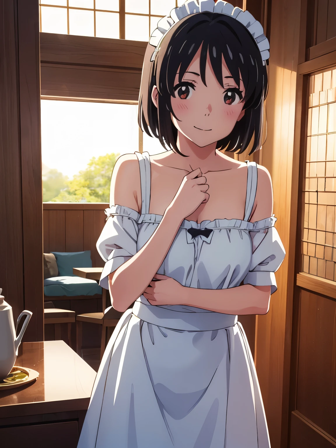 Highest quality,Otome、(Anime illustration style:1.3),Mitsuha Miyamizu、Shooting from the front、smile、indoor、High resolution、Standing, Mitsuha、One girl, bangs, Black Hair, short hair, blush, Brown eyes, Looking at the audience, Girl wearing maid clothes, Off the shoulder,Attractive eyes、Detailed eyes、Colorful eyes、Shine瞳,victorian maid outfit、Long skirt, (Very detailed, bloom, Shine)、(Genuine、Realistic、Realistic)、High resolution、超High resolution
