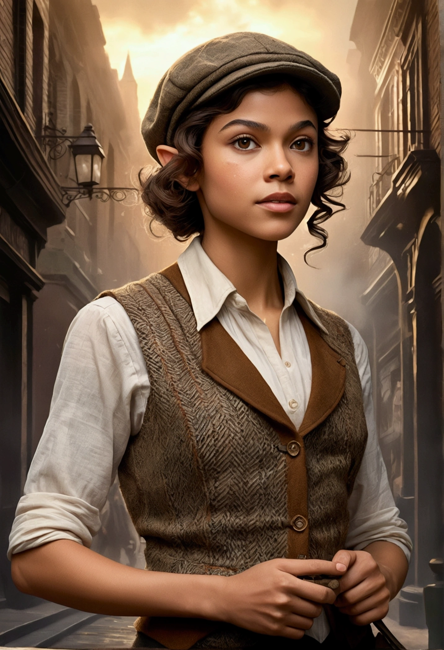 An illustrated movie poster, hand-drawn, full color, an elven maiden, wearing a tweed vest and a newsie cap, tall, toned, amazonian stature, athletic hourglass figure, long pointy elf ears, amber eyes, dark hair, curly bob cut, warm almond skintone, freckles, resembles Zendaya, standing on a foggy Victorian-era street corner, graphite shading, stencil marks, airbrushed acrylic paint, masterpiece, in the style of Sherlock Holmes, elf ears