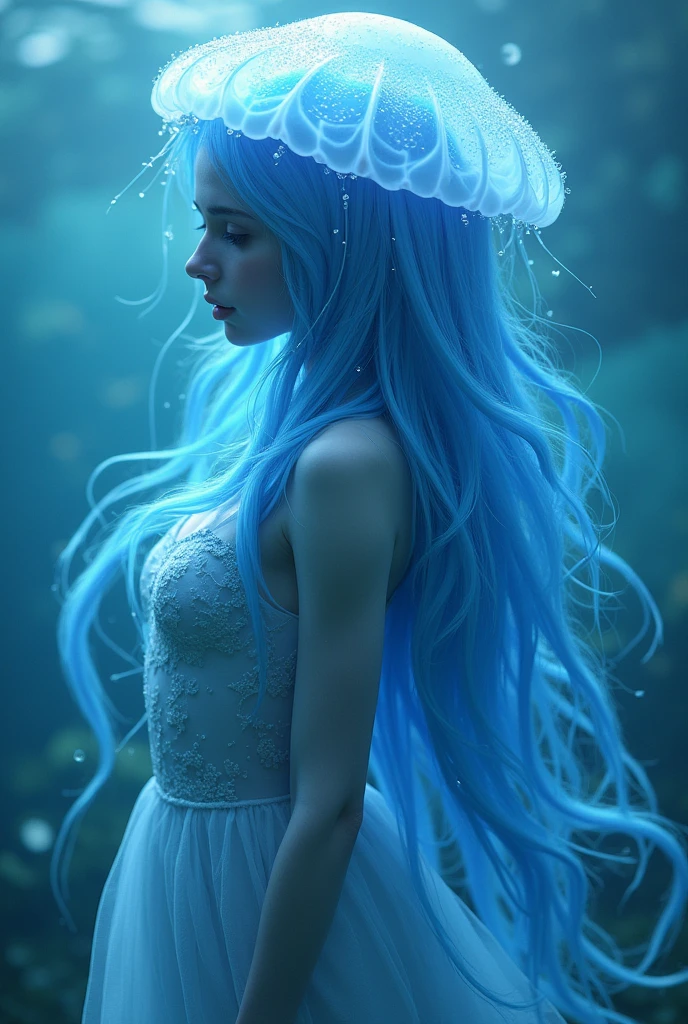 of a medium-sized 1 jellyfish, long blue hair, hybrid with jellyfish with sweet blue jellyfish tentacles: