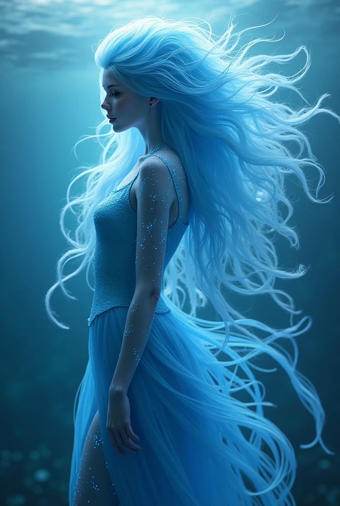 of a medium-sized 1 jellyfish, long blue hair, hybrid with jellyfish with sweet blue jellyfish tentacles:
