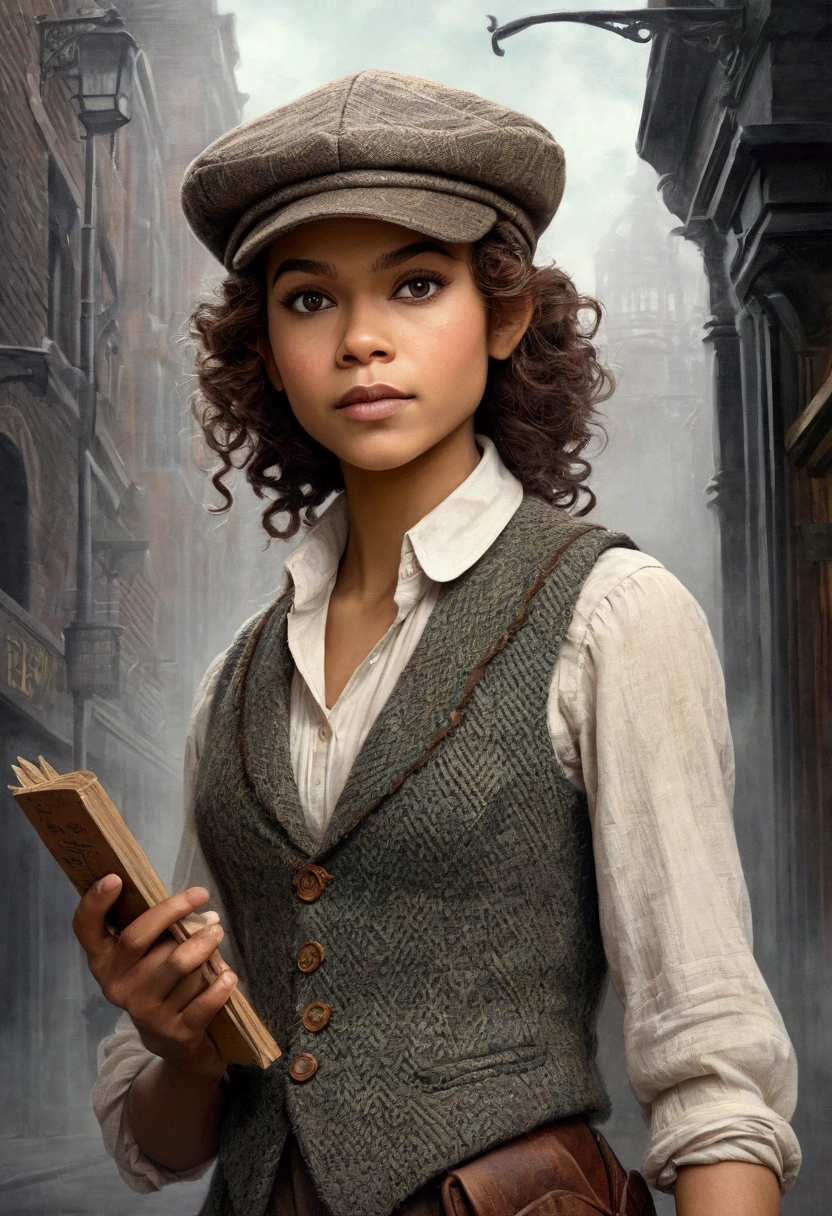 An illustrated movie poster, hand-drawn, full color, an elven maiden, wearing a tweed vest and a newsie cap, tall, toned, amazonian stature, athletic hourglass figure, long pointy elf ears, amber eyes, dark hair, curly bob cut, warm almond skintone, freckles, resembles Zendaya, standing on a foggy Victorian-era street corner, graphite shading, stencil marks, airbrushed acrylic paint, masterpiece, in the style of Sherlock Holmes, elf ears