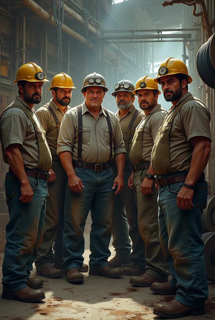 portrait of a middle aged woman with her hands in her pockets and saggy tits, surrounded by men in protective clothes that are welding metal
