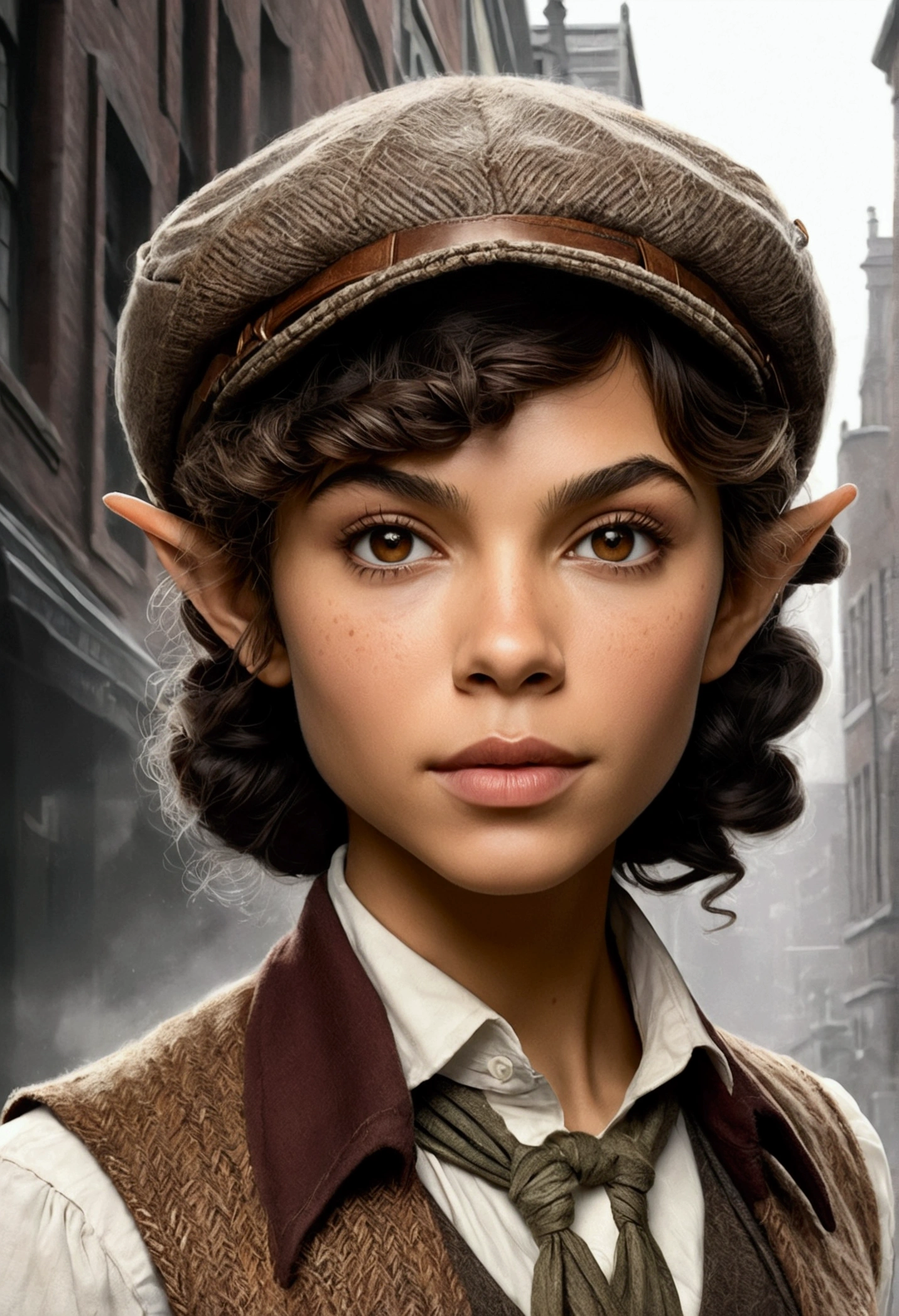 An illustrated movie poster, hand-drawn, full color, an elven maiden, wearing a tweed vest and a newsie cap, tall, toned, amazonian stature, athletic hourglass figure, long pointy elf ears, amber eyes, dark hair, curly bob cut, warm almond skintone, freckles, resembles Zendaya, standing on a foggy Victorian-era street corner, graphite shading, stencil marks, airbrushed acrylic paint, masterpiece, in the style of Sherlock Holmes, elf ears