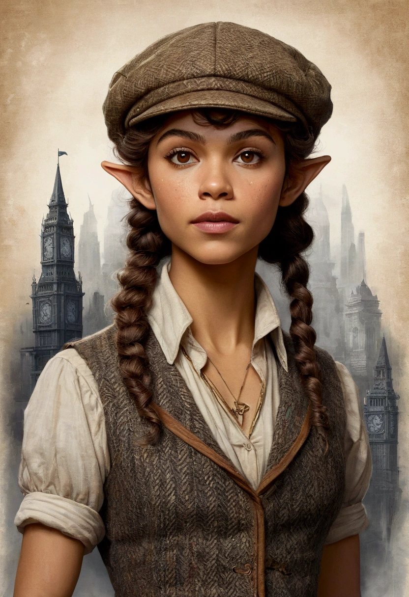 An illustrated movie poster, hand-drawn, full color, an elven maiden, wearing a tweed vest and a newsie cap, tall, toned, amazonian stature, athletic hourglass figure, long pointy elf ears, amber eyes, dark hair, curly bob cut, warm almond skintone, freckles, resembles Zendaya, standing on a foggy Victorian-era street corner, graphite shading, stencil marks, airbrushed acrylic paint, masterpiece, in the style of Sherlock Holmes, elf ears