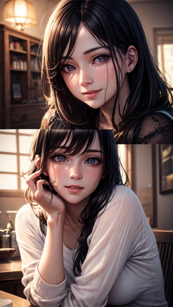 1boy, 1girl, mature female is smiling, wife, sitting, looking at each other, beautiful detailed eyes, beautiful detailed lips, extremely detailed eyes and face, longeyelashes, photorealistic, 8k, hyperrealistic, trending on artstation, highly detailed, cinematic lighting, vibrant colors, warm color palette, intricate details, masterpiece, studio lighting, realistic, dynamic composition, atmosphere, emotional, tender, affectionate