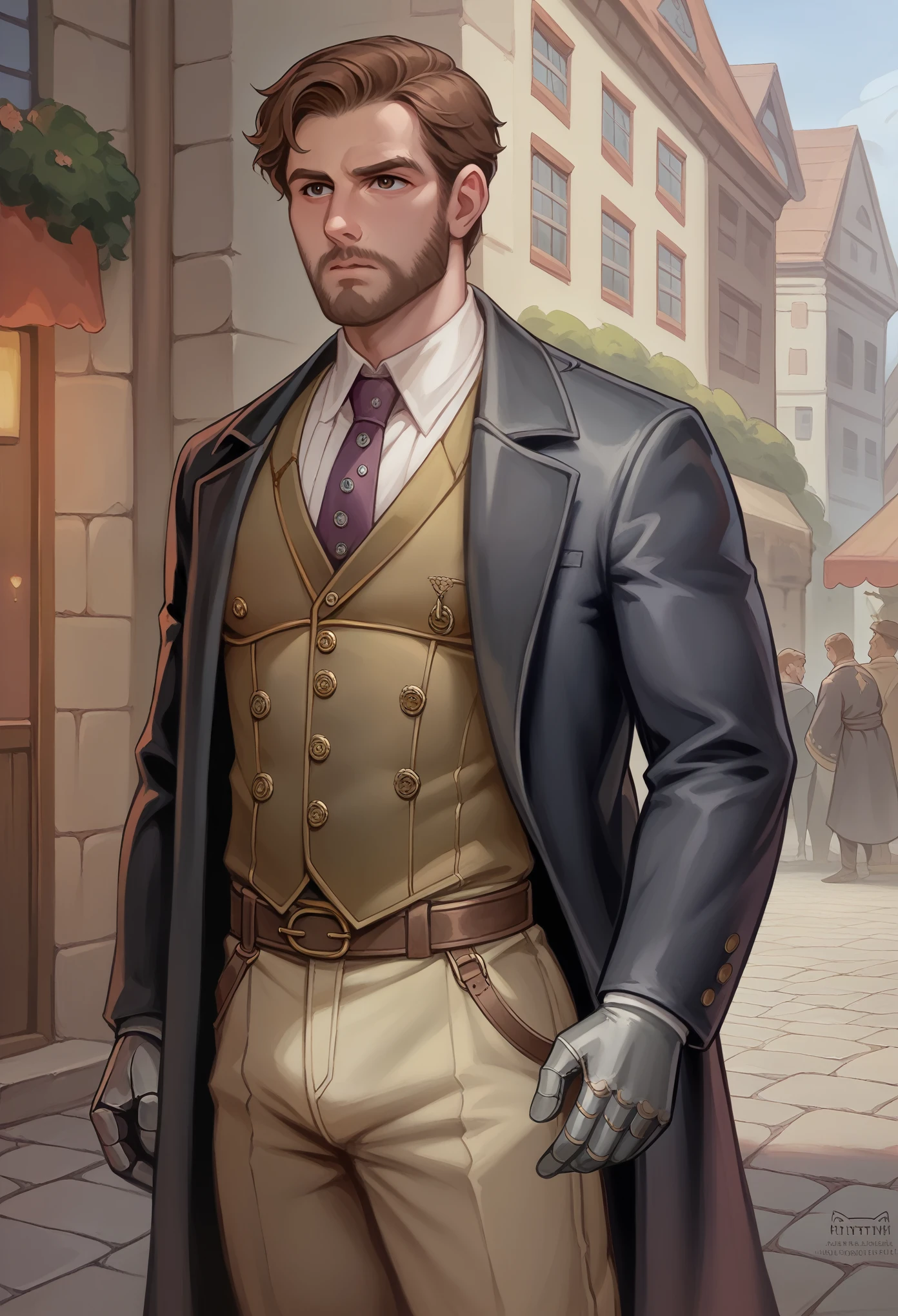 "Create an image of a male character standing and looking directly at the camera. He has a well-groomed brown beard and medium-length brown hair. His attire is a fusion of medieval and futuristic styles: a long, dark coat with intricate embroidery, a high-collared shirt with metallic accents, and leather gloves. His eyes are intense, reflecting his serious and determined nature as a detective. The setting is a dimly lit alleyway with cobblestone streets, where the atmosphere blends gothic elements with subtle hints of advanced technology, like a faint glow from a device on his belt."