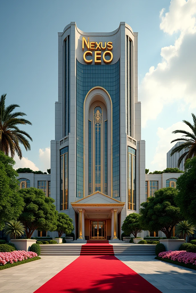 A luxurious, presidential standard company headquarters with the name NEXUS(CEO) on it and red carpet on entrance with Singaporean architecture,grass, flowers and on it's own space and compound where is the name NEXUS (CEO) can't see the words I want it more bold and exquisite where are the writing