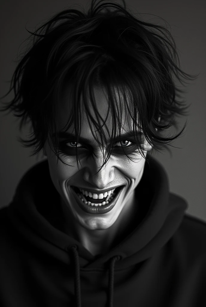 A realism photo thats black and white of a mans face. His hair covers the eyes and he has an ominous look. He has a slight grin showing little teeth.