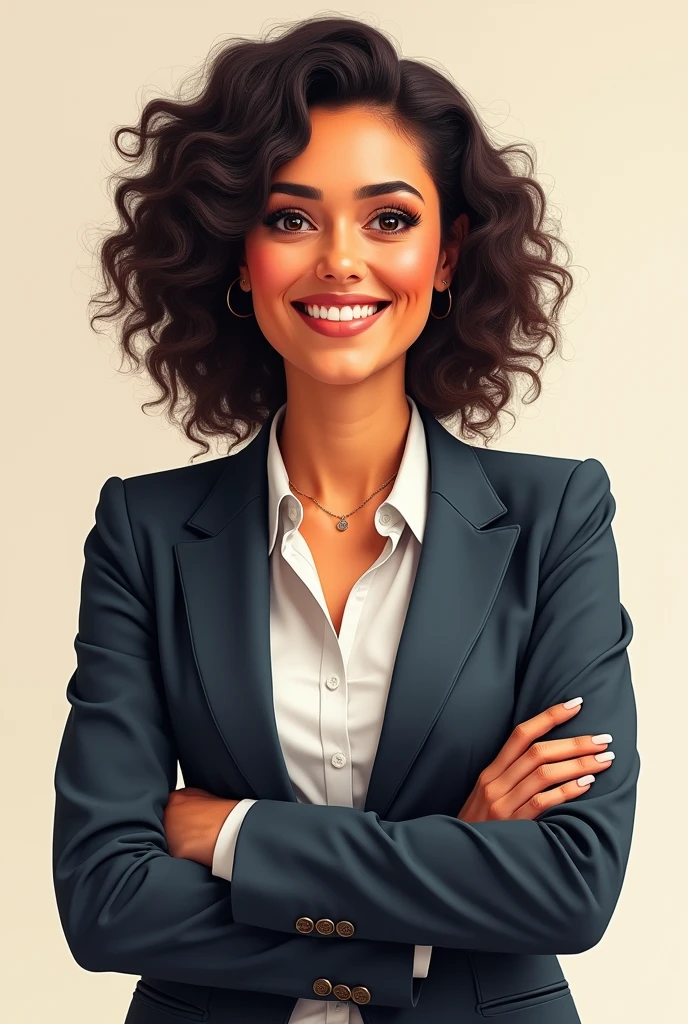 Drawing of a modest woman,smart,you knew,ready to help and advise. Smiling Business Pose,dark curly hair in a hairstyle