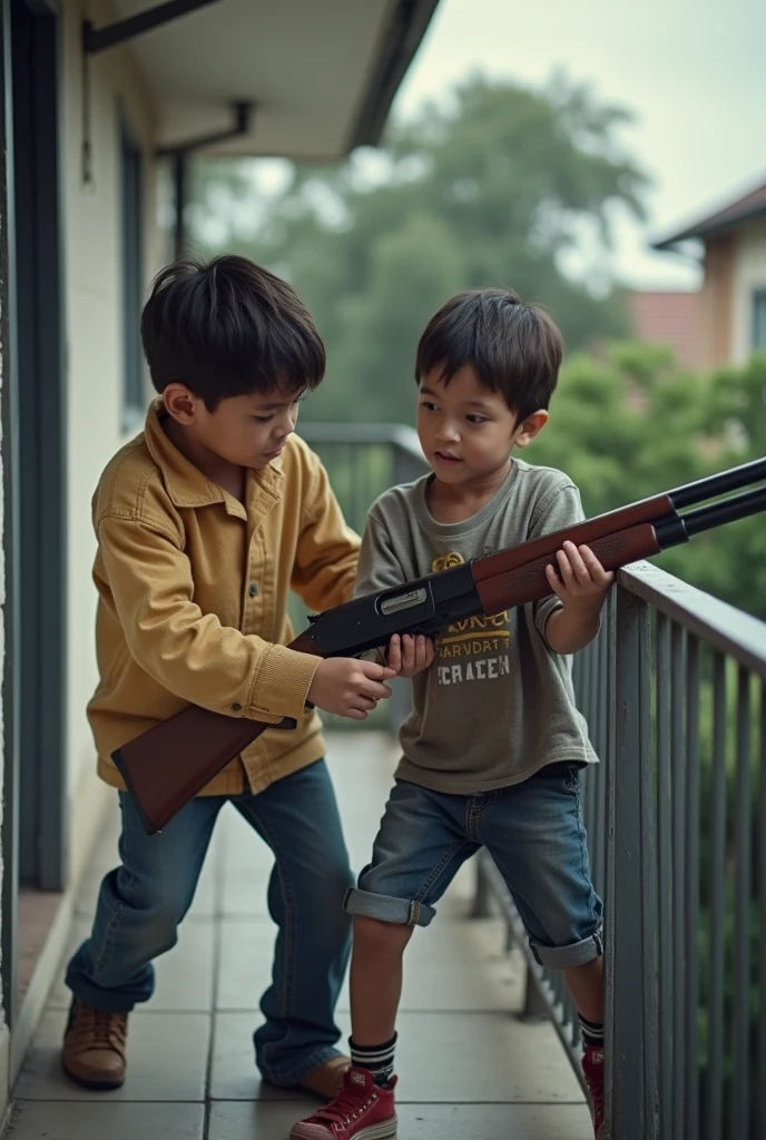 realistic photo of two children (of masculine gender) grappling with a gun(similar to a shotgun) on the terrace of a house. The photo is taken from a security camera children with different clothes and approximately , brown colored gun