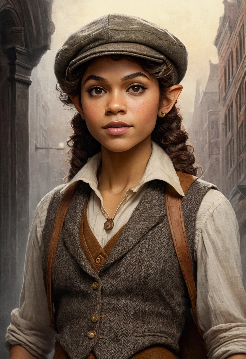 An illustrated movie poster, hand-drawn, full color, an elven maiden, wearing a tweed vest and a newsie cap, tall, toned, amazonian stature, athletic hourglass figure, long pointy elf ears, amber eyes, dark hair, curly bob cut, warm almond skintone, freckles, resembles Zendaya, standing on a foggy Victorian-era street corner, graphite shading, stencil marks, airbrushed acrylic paint, masterpiece, elf ears
