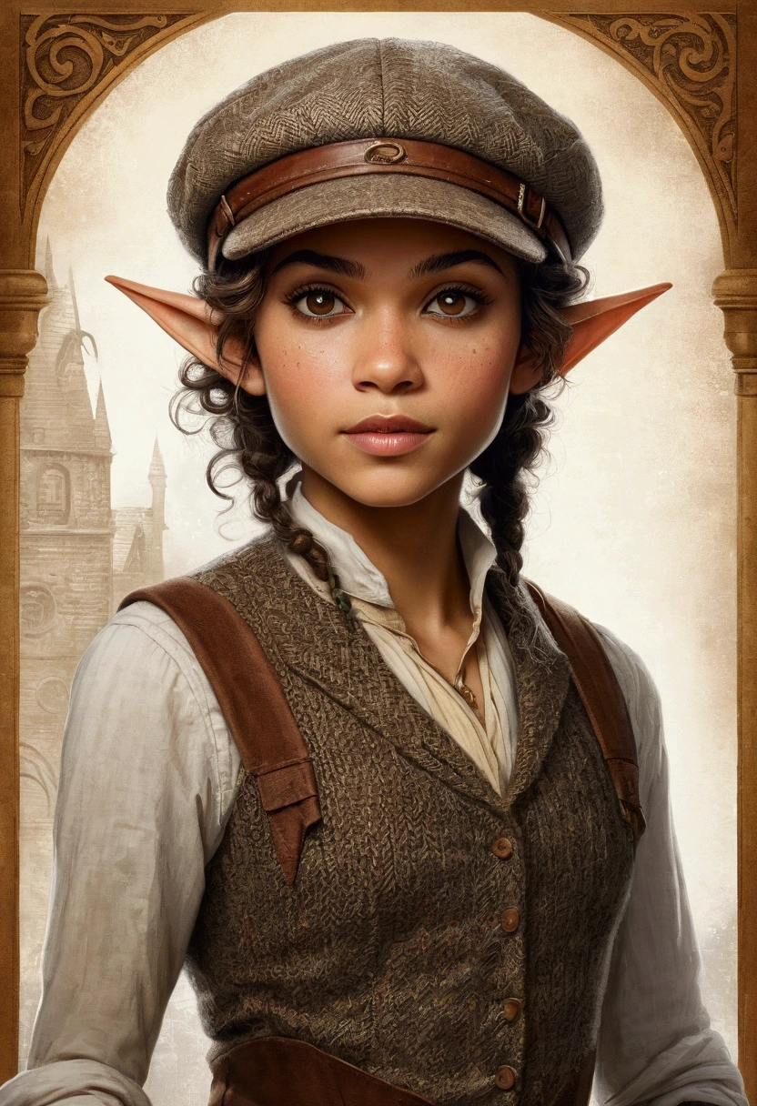 An illustrated movie poster, hand-drawn, full color, an elven maiden, wearing a tweed vest and a newsie cap, tall, toned, amazonian stature, athletic hourglass figure, long pointy elf ears, amber eyes, dark hair, curly bob cut, warm almond skintone, freckles, resembles Zendaya, standing on a foggy Victorian-era street corner, graphite shading, stencil marks, airbrushed acrylic paint, masterpiece, elf ears