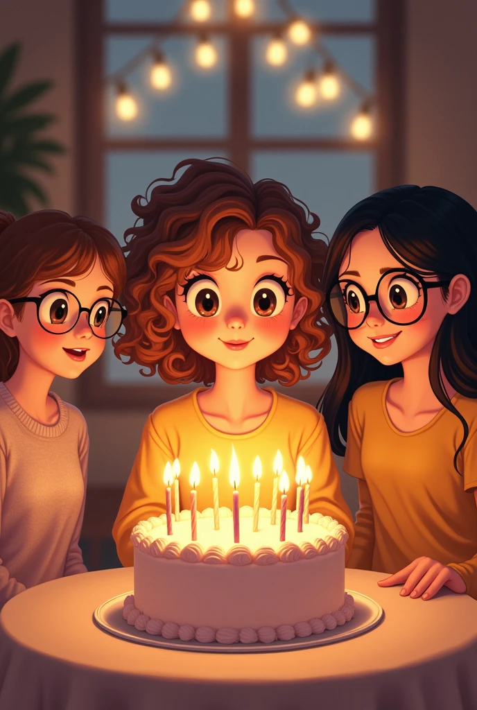 Create a drawing with 4 friends, a light brunette with curly brown hair with golden tips blowing on a birthday cake, other white girl with straight hair short brown round glasses and dimple, another dark brunette girl with long black straight hair and another white girl with cat-eye glasses and long black hair