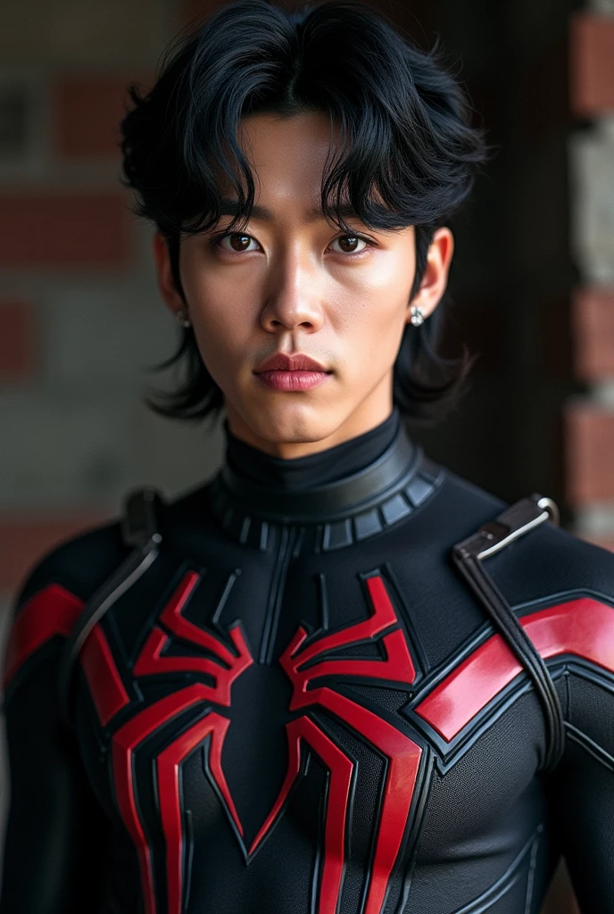 jeon jungkook from spider-man black with face without mask and mullet style hair.