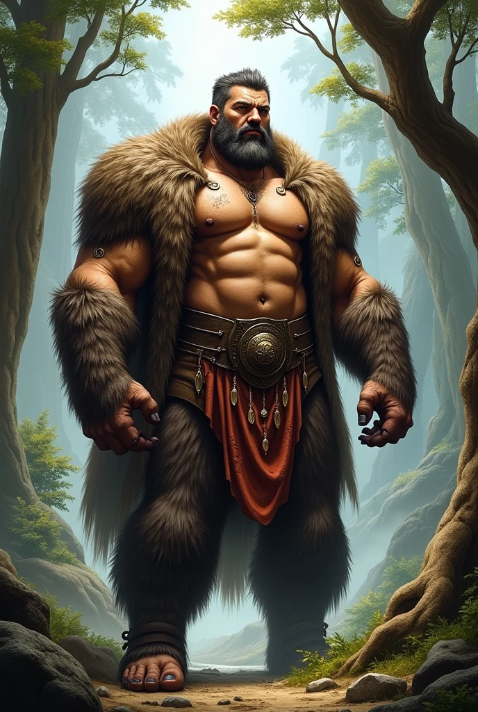 A muscular man in a bearskin suit