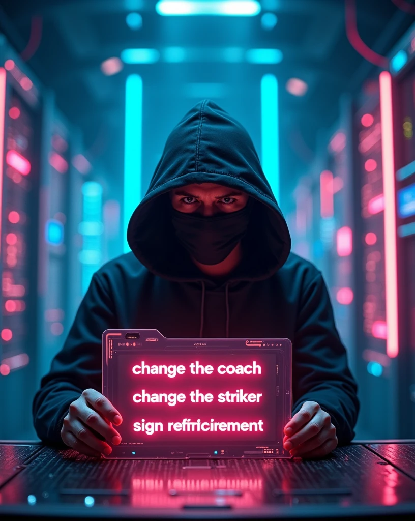 A cyberpunk scene featuring a hacker wearing a hood and a fabric mask covering his mouth and nose, viewed from a front-facing angle behind a translucent panel. The hacker stands in a high-tech AI control room, intently observing a digital poll or survey displayed on the panel. The panel glows with neon light and shows three alternatives in bold, digital font: 'CHANGE THE COACH,' 'CHANGE THE STRIKER,' and 'SIGN REINFORCEMENT'. The translucent panel is adorned with sleek, glowing data streams and interactive elements. The background is filled with towering servers, holographic interfaces, and flowing data streams, all illuminated by vibrant neon colors. The hacker’s face is partially shadowed, with intense eyes visible through the mask, seen from behind the panel, blending with the futuristic and mysterious atmosphere of the AI-driven environment