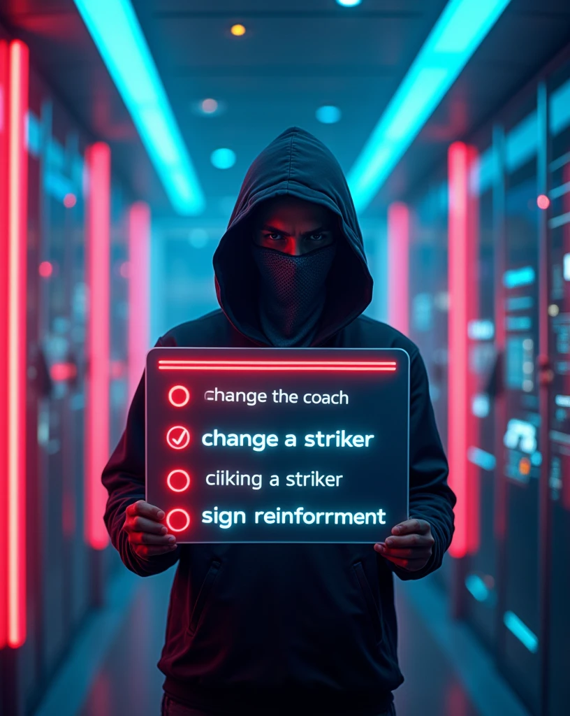 A cyberpunk scene featuring a hacker wearing a hood and a fabric mask covering his mouth and nose, viewed from a front-facing angle behind a translucent panel. The hacker stands in a high-tech AI control room, intently observing a digital poll or survey displayed on the panel. The panel glows with neon light and shows three alternatives in bold, digital font: 'CHANGE THE COACH,' 'CHANGE THE STRIKER,' and 'SIGN REINFORCEMENT'. The translucent panel is adorned with sleek, glowing data streams and interactive elements. The background is filled with towering servers, holographic interfaces, and flowing data streams, all illuminated by vibrant neon colors. The hacker’s face is partially shadowed, with intense eyes visible through the mask, seen from behind the panel, blending with the futuristic and mysterious atmosphere of the AI-driven environment 